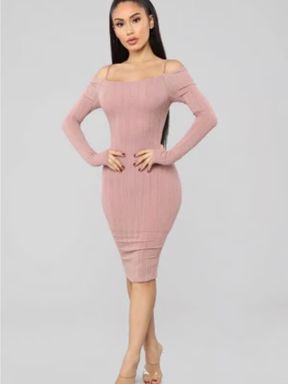 Fashion Nova Off-Shoulder Ribbed Midi Dress in Dusty Rose